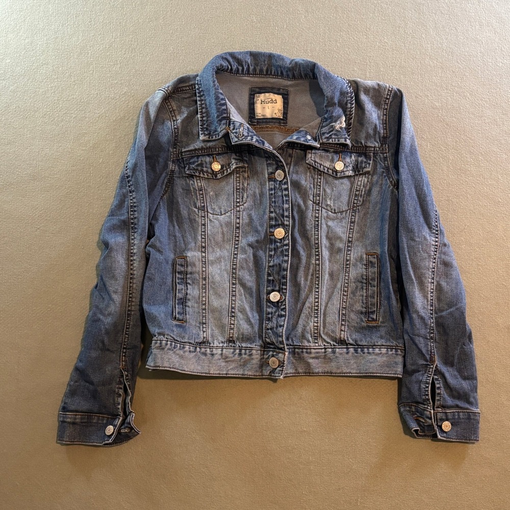 Mudd Denim Trucker Jacket Womens L Blue Button Up Long Sleeve Jean Y2K 90s